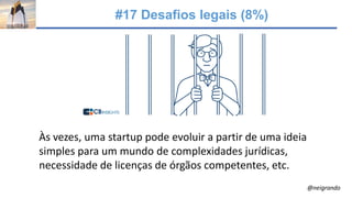 #17 Desafios legais (8%)
Às vezes, uma startup pode evoluir a partir de uma ideia
simples para um mundo de complexidades jurídicas,
necessidade de licenças de órgãos competentes, etc.
@neigrando
 