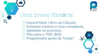 Uma breve História
◇ Havard Mark I (Erro de Cálculo).
◇ Software maiores e mais complexos.
◇ Agilidade no processo.
◇ Pilar para o TDD, BDD.
◇ Programador gosta de Testar?
 