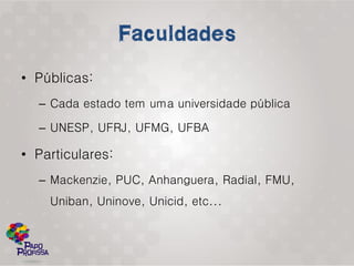 • Públicas:
  – Cada estado tem uma universidade pública

  – UNESP, UFRJ, UFMG, UFBA

• Particulares:
  – Mackenzie, PUC, Anhanguera, Radial, FMU,
    Uniban, Uninove, Unicid, etc...
 