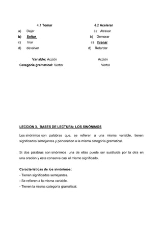 4.1 Tomar

4.2 Acelerar

a)

Dejar

b)

Soltar

b)

Demorar

c)

tirar

c)

Frenar

d)

devolver

Variable: Acción

a)

d)

Atrasar

Retardar

Acción

Categoría gramatical: Verbo

Verbo

LECCION 3. BASES DE LECTURA: LOS SINÓNIMOS
Los sinónimos son palabras que, se refieren a una misma variable, tienen
significados semejantes y pertenecen a la misma categoría gramatical.

Si dos palabras son sinónimos una de ellas puede ser sustituida por la otra en
una oración y ésta conserva casi el mismo significado.
Características de los sinónimos:
- Tienen significados semejantes.
- Se refieren a la misma variable.
- Tienen la misma categoría gramatical.

 