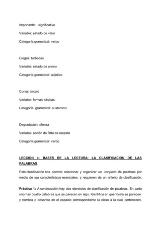 Importante: significativo
Variable: estado de valor
Categoría gramatical: verbo

Ciegas: turbadas
Variable: estado de animo
Categoría gramatical: adjetivo

Curva: círculo
Variable: formas básicas
Categoría gramatical: sustantivo

Degradación: ofensa
Variable: acción de falta de respeto
Categoría gramatical: verbo

LECCION 4: BASES DE LA LECTURA: LA CLASIFICACION DE LAS
PALABRAS.
Esta clasificación nos permite relacionar y organizar un conjunto de palabras por
medio de sus características esenciales, y requieren de un criterio de clasificación.

Práctica 1: A continuación hay dos ejercicios de clasificación de palabras. En cada
uno hay cuatro palabras que se parecen en algo. Identifica en que forma se parecen
y nombra o describe en el espacio correspondiente la clase a la cual pertenecen.

 