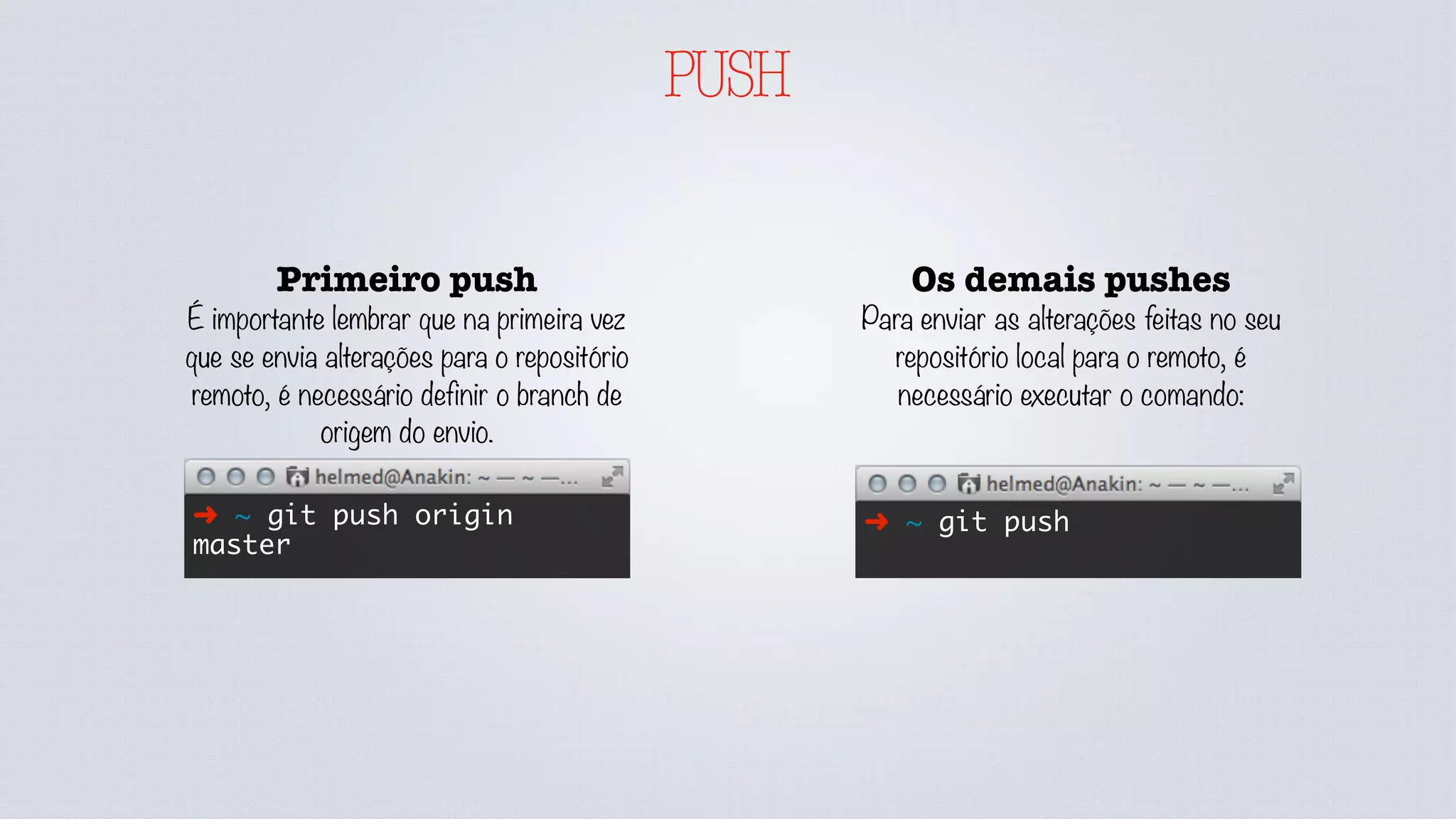 PUSH
Os demais pushes
Para enviar as alterações feitas no seu
repositório local para o remoto, é
necessário executar o comando:
➜ ~ git push➜ ~ git push origin
master
Primeiro push
É importante lembrar que na primeira vez
que se envia alterações para o repositório
remoto, é necessário definir o branch de
origem do envio.
 