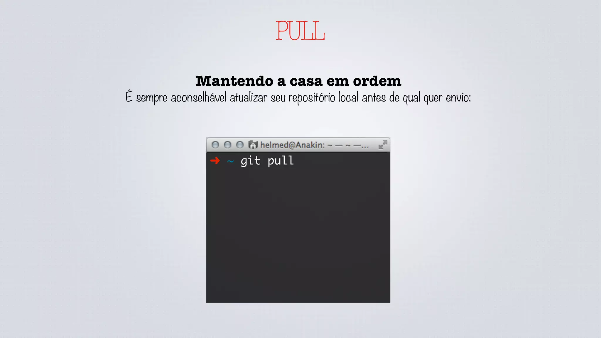 PULL
Mantendo a casa em ordem
É sempre aconselhável atualizar seu repositório local antes de qual quer envio:
➜ ~ git pull
 
