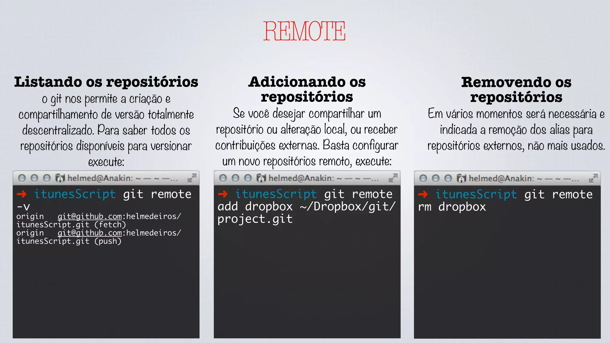 REMOTE
Listando os repositórios
o git nos permite a criação e
compartilhamento de versão totalmente
descentralizado. Para saber todos os
repositórios disponíveis para versionar
execute:
➜ itunesScript git remote
-v
origin	 git@github.com:helmedeiros/
itunesScript.git (fetch)
origin	 git@github.com:helmedeiros/
itunesScript.git (push)
Adicionando os
repositórios
Se você desejar compartilhar um
repositório ou alteração local, ou receber
contribuições externas. Basta configurar
um novo repositórios remoto, execute:
➜ itunesScript git remote
add dropbox ~/Dropbox/git/
project.git
Removendo os
repositórios
Em vários momentos será necessária e
indicada a remoção dos alias para
repositórios externos, não mais usados.
➜ itunesScript git remote
rm dropbox
 