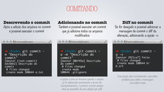COMITANDO
Descrevendo o commit
Após a adição dos arquivos no commit
é possível executar o commit
➜ rbsdev git commit -
m "Descrição do
commit"
[master (root-commit)
edc6bb2] Descrição do
commit
0 files changed
create mode 100644 a.txt
Adicionando no commit
Também é possível executar um commit
que já adicione todos os arquivos
modificados:
➜ rbsdev git commit -
a -m "Descrição do
commit"
[master 30bf45a] Descrição
do commit
0 files changed
create mode
100644 .gitignore
Diff no commit
Se for desejado é possível adicionar a
mensagem de commit o diff da
alteração, adicionando a opção -v:
➜ rbsdev git commit -
a -v
[master 2921ce7] Feito
0 files changed
create mode 100644 b/
b.srt
a opção a cima só funciona quando o arquivo
já foi adicionado previamente a árvore de
acompanhamento, o primeiro commit sempre
deve se precedido de uma adição (git add)
Esta opção abre normalmente o seu editor
predileto para editar a mensagem.
core.editor=mate
 