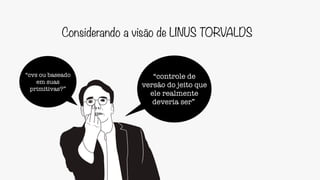 Considerando a visão de LINUS TORVALDS
“controle de
versão do jeito que
ele realmente
deveria ser”
“cvs ou baseado
em suas
primitivas?”
 