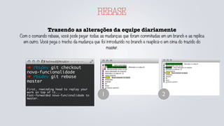 REBASE
Trazendo as alterações da equipe diariamente
Com o comando rebase, você pode pegar todas as mudanças que foram commitadas em um branch e as replica
em outro. Você pega o trecho da mudança que foi introduzido no branch e reaplicá-o em cima do trazido do
master.
➜ rbsdev git checkout
nova-funcionalidade
➜ rbsdev git rebase
master
First, rewinding head to replay your
work on top of it...
Fast-forwarded nova-funcionalidade to
master.
1 2
 