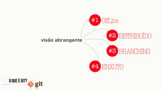 O QUE É GIT?
#1 OffLine
#2 DISTRIBUÍDO
#3 BRANCHING
#4 ENXUTO
visão abrangente
 