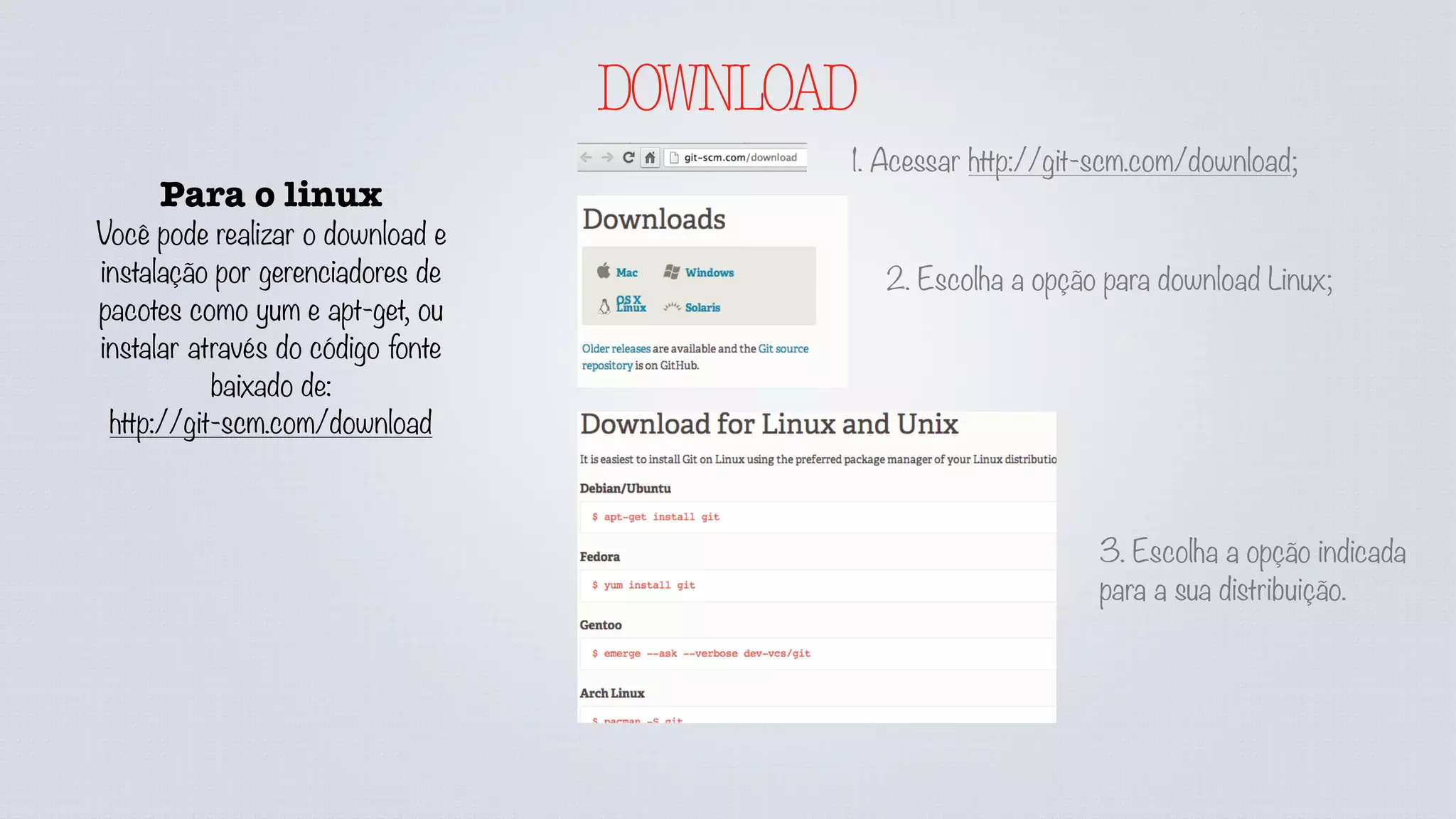 DOWNLOAD
Para o linux
Você pode realizar o download e
instalação por gerenciadores de
pacotes como yum e apt-get, ou
instalar através do código fonte
baixado de:
http://git-scm.com/download
1. Acessar http://git-scm.com/download;
2. Escolha a opção para download Linux;
3. Escolha a opção indicada
para a sua distribuição.
 