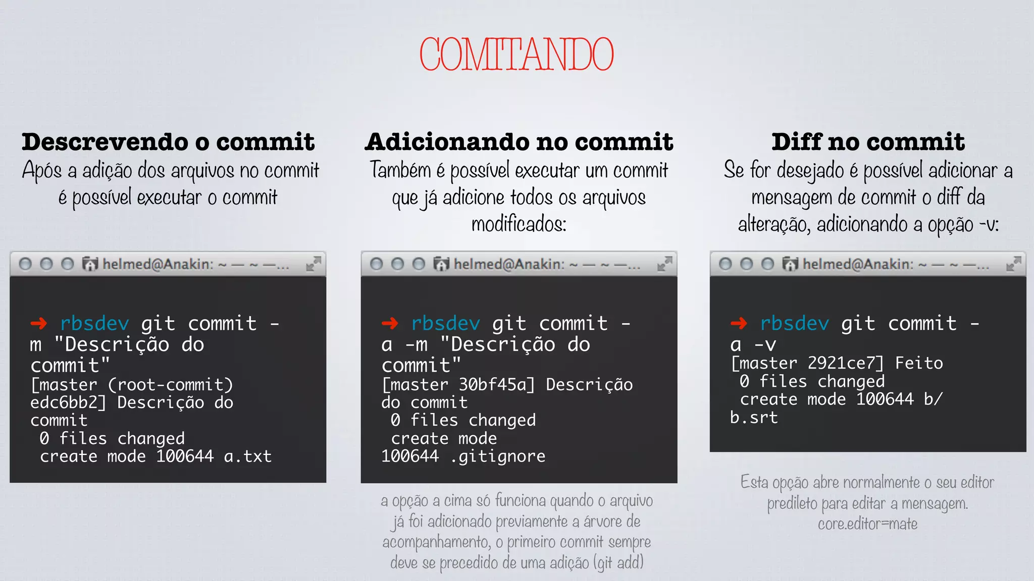 ADICIONANDO
Várias formas de adição
Para adicionar arquivos em um commit, é necessário executar um comando que insira ele no commit:
➜ rbsdev git add .
➜ rbsdev git status
# On branch master
#
# Initial commit
#
# Changes to be committed:
# (use "git rm --cached <file>..."
to unstage)
#
#	 new file: .gitignore
➜ rbsdev touch a.txt
➜ rbsdev git add *.txt
➜ rbsdev git status
# On branch master
#
# Initial commit
#
# Changes to be committed:
# (use "git rm --cached <file>..."
to unstage)
#
#	 new file: a.txt
#
# Untracked files:
# (use "git add <file>..." to
include in what will be committed)
#
#	 .gitignore
➜ rbsdev mkidr a
➜ rbsdev git add a
➜ rbsdev git status
# On branch master
#
# Initial commit
#
# Changes to be committed:
# (use "git rm --cached <file>..."
to unstage)
#
#	 new file: a.txt
#	 new file: a/a.srt
 