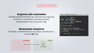 #3
Quando estamos trabalhando com arquivos sobe o versionamento do git, temos que ter
sempre em mente o ciclo de vida dos mesmos passando de não rastreados para
rastreados.
ADICIONANDO
Untracked
tracked
 