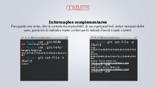COMMITS
Informações complementares
Para guardar uma versão, além do conteúdo dos arquivos(blob), da sua organização(tree), ainda é necessário definir
quem, quando isto foi realizado e manter a ordem que foi realizado. Para tal é usado o commit.
➜ rbsdev cat .git/HEAD
ref: refs/heads/master
➜ rbsdev cat .git/refs/
heads/master
35efc9e7dbf2febe5dfb23fd64da1c0acbe7a
06f
➜ rbsdev git cat-file -t
35efc9
commit
➜ rbsdev git cat-file -p
35efc9
tree
ea39e517ac8020761b53e86c02d7d1854f810
5b7
parent
66884380d0bc05e623b9ef91c3f8d640e3898
be2
author Helio Medeiros
<helio.cabralmedeiros@gmail.com>
1375923522 -0300
committer Helio Medeiros
<helio.cabralmedeiros@gmail.com>
1375923522 -0300
 