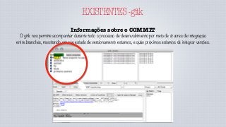 EXISTENTES-gitk
Informações sobre o COMMIT
O gitk nos permite acompanhar durante todo o processo de desenvolvimento por meio de árvores de integração
entre branches, mostrando em que estado de versionamento estamos, e quão próximos estamos de integrar versões.
 