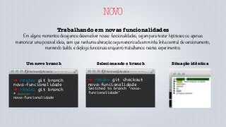 NOVO
Trabalhando em novas funcionalidades
Em alguns momentos desejamos desenvolver novas funcionalidades, sejam para testar hipóteses ou apenas
memorizar uma possível ideia, sem que nenhuma alteração seja memorizada em minha linha central de versionamento,
mantendo builds e deploys funcionais enquanto trabalhamos nestes experimentos.
➜ rbsdev git branch
nova-funcionalidade
➜ rbsdev git branch
* master
nova-funcionalidade
Um novo branch
➜ rbsdev git checkout
nova-funcionalidade
Switched to branch 'nova-
funcionalidade'
Selecionando o branch Situação idêntica
 