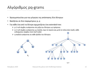 Αλγόριθμος pq-grams
• Χρησιμοποιείται για την μέτρηση της απόστασης δύο δέντρων
• Βασίζεται σε δύο παραμέτρους p, q
• Για ...