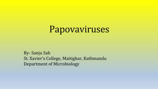 Papovaviruses
By- Sanju Sah
St. Xavier’s College, Maitighar, Kathmandu
Department of Microbiology
 