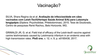 Vacinação?
SILVA, Shara Regina da et al. Avaliação da infecciosidade em cães
vacinados com Leish-Tec®(Hertape Saúde Animal S/A) para Lutzomyia
longipalpis (Diptera: Psychodidae, Phlebotominae). 2015. Tese de Doutorado,
Centro de pesquisas René Rachou, Belo Horizonte, MG.
GRIMALDI JR, G. et al. Field trial of efficacy of the Leish-tec® vaccine against
canine leishmaniasis caused by Leishmania infantum in an endemic area with
high transmission rates. PloS one, v. 12, n. 9, p. e0185438, 2017.
 
