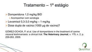 Tratamento – 1º estágio
 Domperidona 1,0 mg/kg BID
Acompanhar com sorologia
 Levamisol 0,3-3,0 mg/kg – 1 mg/kg
 Dose dupla de vacina (1000 μg de vacina)?
GÓMEZ-OCHOA, P. et al. Use of domperidone in the treatment of canine
visceral leishmaniasis: a clinical trial. The Veterinary Journal, v. 179, n. 2, p.
259-263, 2009.
18
 