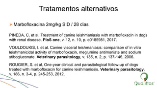 Tratamentos alternativos
 Marbofloxacina 2mg/kg SID / 28 dias
PINEDA, C. et al. Treatment of canine leishmaniasis with marbofloxacin in dogs
with renal disease. PloS one, v. 12, n. 10, p. e0185981, 2017.
VOULDOUKIS, I. et al. Canine visceral leishmaniasis: comparison of in vitro
leishmanicidal activity of marbofloxacin, meglumine antimoniate and sodium
stibogluconate. Veterinary parasitology, v. 135, n. 2, p. 137-146, 2006.
ROUGIER, S. et al. One-year clinical and parasitological follow-up of dogs
treated with marbofloxacin for canine leishmaniosis. Veterinary parasitology,
v. 186, n. 3-4, p. 245-253, 2012.
 