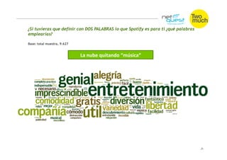¿Si tuvieras que definir con DOS PALABRAS lo que Spotify es para ti ¿qué palabras
emplearías?

Base: total muestra, 9.627


                             La	
  nube	
  quitando	
  “música”	
  
 