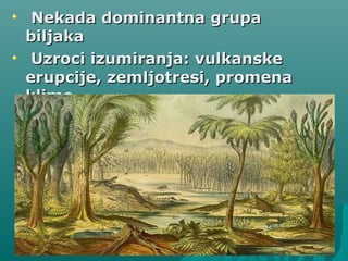 Nekada dominantna grupaNekada dominantna grupa
biljakabiljaka
Uzroci izumiranja: vulkanskeUzroci izumiranja: vulkanske
erupcije, zemljotresi, promenaerupcije, zemljotresi, promena
klimeklime
 
