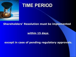 TIME PERIOD  Shareholders’ Resolution must be implemented within 15 days  except in case of pending regulatory approvals. 