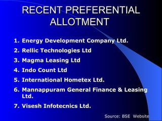 RECENT PREFERENTIAL ALLOTMENT   Energy Development Company Ltd. Rellic Technologies Ltd Magma Leasing Ltd Indo Count Ltd International Hometex Ltd. Mannappuram General Finance & Leasing Ltd. Visesh Infotecnics Ltd. Source: BSE  Website   