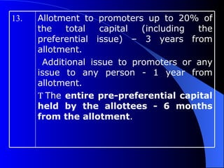 Allotment to promoters up to 20% of the total capital (including the preferential issue) – 3 years from allotment. Additional issue to promoters or any issue to any person - 1 year from allotment.  The  entire pre-preferential capital held by the allottees - 6 months from the allotment . 13. 