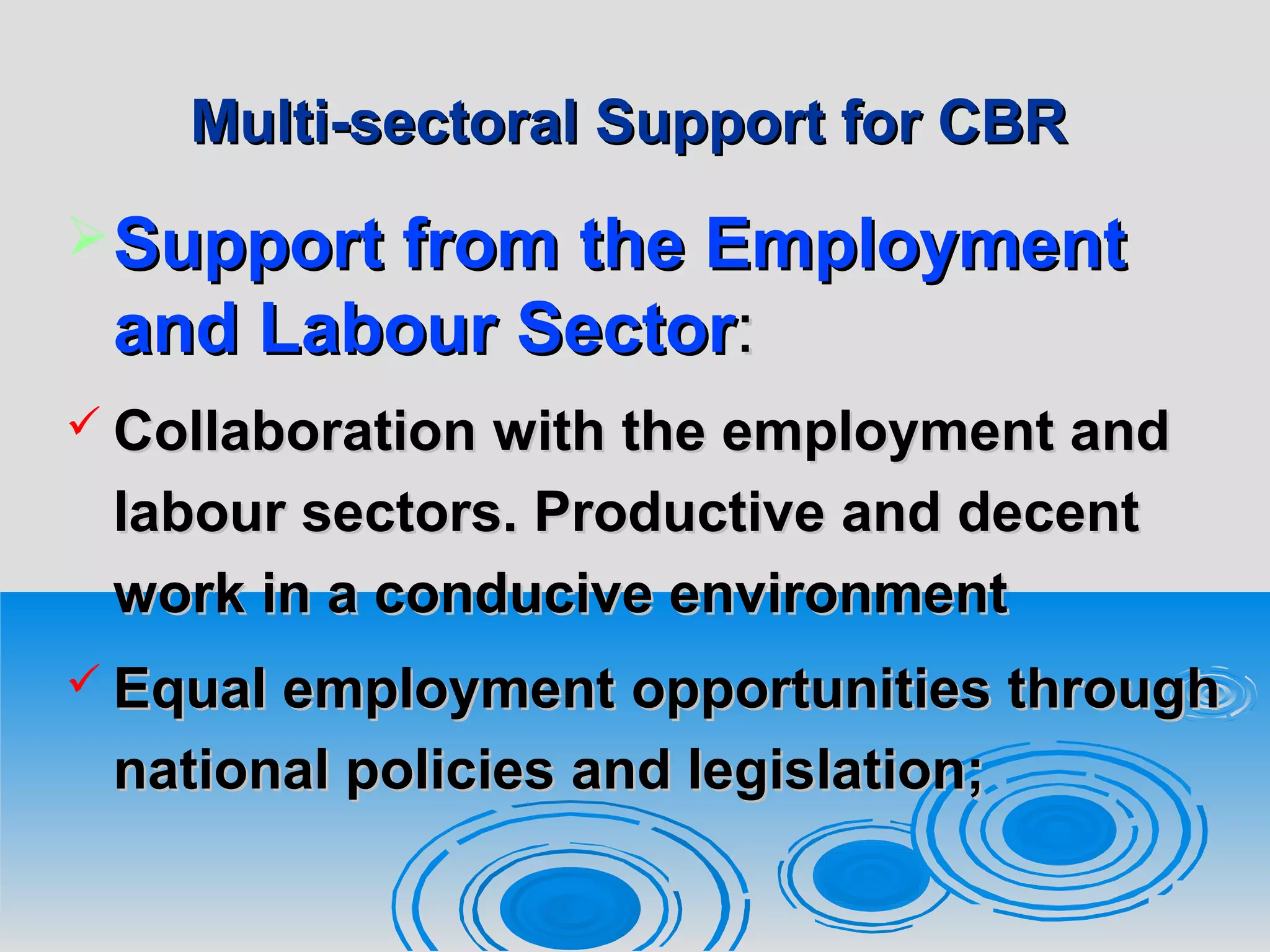 Multi-sectoral Support for CBRMulti-sectoral Support for CBR
Support fromSupport from the Employmentthe Employment
and Labourand Labour SectorSector::
 Collaboration with the employment andCollaboration with the employment and
labour sectors. Productive and decentlabour sectors. Productive and decent
work in a conducive environmentwork in a conducive environment
 Equal employmentEqual employment opportunities throughopportunities through
national policies and legislation;national policies and legislation;
 