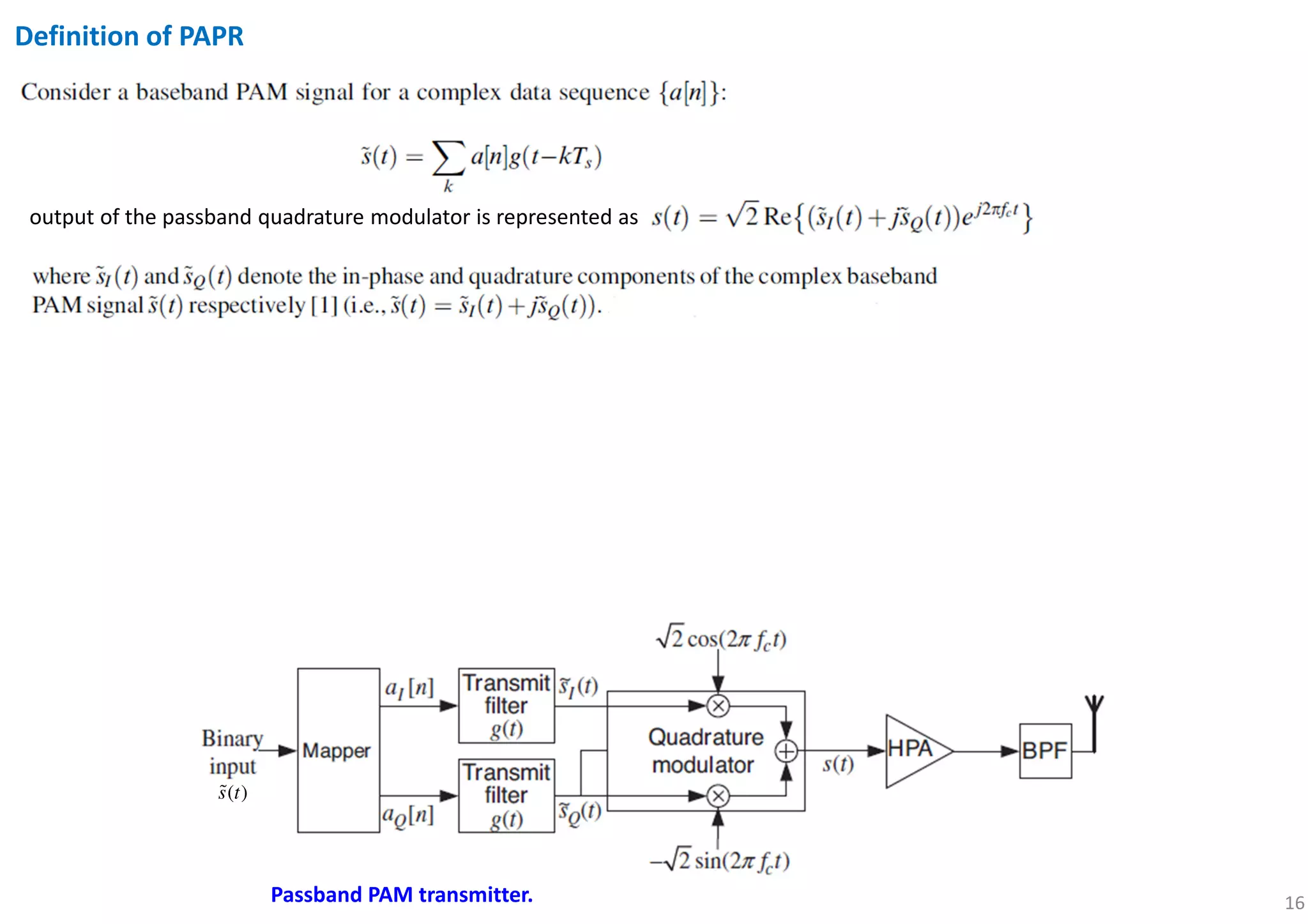 16
Definition of PAPR
Passband PAM transmitter.
output of the passband quadrature modulator is represented as
( )s tɶ
 