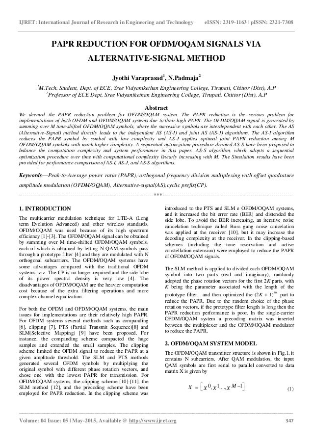 Papr Reduction For Ofdm Oqam Signals Via Alternative Signal Method Papr Reduction For Ofdm Oqam Signals Via Alternative Signal Method