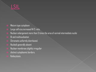    Mature type cytoplasm
   Large cell size,increased N/C ratio.
   Nuclear enlargement more than 3 times the area of normal intermediate nuclei
   Bi and multinucleation
   Chromatin uniformly distributed.
   Nucleoli generally absent
   Nuclear membrane slightly irreguilar
   distinct cytoplasmic borders.
   Koilocytosis.
 