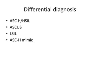 Differential diagnosis
• ASC-h/HSIL
• ASCUS
• LSIL
• ASC-H mimic
 