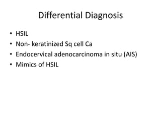 Differential Diagnosis
• HSIL
• Non- keratinized Sq cell Ca
• Endocervical adenocarcinoma in situ (AIS)
• Mimics of HSIL
 