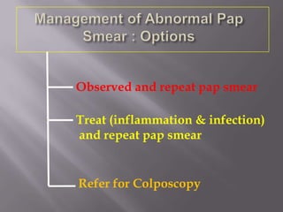 Observed and repeat pap smear
Treat (inflammation & infection)
and repeat pap smear
Refer for Colposcopy
 