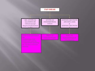 ALL ATYPICAL
GLANDULAR
CELLS (except
Atypical Endometrial
Cells)
ADENOCARCINOM
AIN SITU (AIS)
&
ADENOCARCINOM
A
PAP SMEAR
Refer to
Gynaecological
Oncologist
Refer to Gynaecologist
for:
•colposcopy (with
endocervical sampling)
•endometrial sampling
(if > 35 years or abnormal
bleeding)
ATYPICAL
ENDOMETRIAL
CELLS
Refer to
Gynaecologist
 