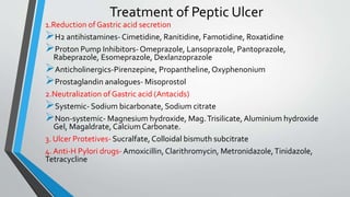 Treatment of Peptic Ulcer
1.Reduction of Gastric acid secretion
H2 antihistamines-Cimetidine, Ranitidine, Famotidine, Roxatidine
Proton Pump Inhibitors- Omeprazole, Lansoprazole, Pantoprazole,
Rabeprazole, Esomeprazole, Dexlanzoprazole
Anticholinergics-Pirenzepine, Propantheline,Oxyphenonium
Prostaglandin analogues- Misoprostol
2.Neutralization of Gastric acid (Antacids)
Systemic- Sodium bicarbonate, Sodium citrate
Non-systemic- Magnesium hydroxide, Mag.Trisilicate,Aluminium hydroxide
Gel, Magaldrate, Calcium Carbonate.
3. Ulcer Protetives- Sucralfate, Colloidal bismuth subcitrate
4. Anti-H Pylori drugs- Amoxicillin, Clarithromycin, Metronidazole,Tinidazole,
Tetracycline
 