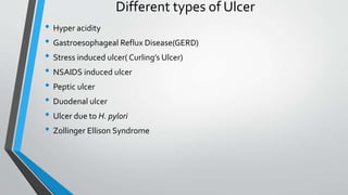 Different types of Ulcer
• Hyper acidity
• Gastroesophageal Reflux Disease(GERD)
• Stress induced ulcer( Curling’s Ulcer)
• NSAIDS induced ulcer
• Peptic ulcer
• Duodenal ulcer
• Ulcer due to H. pylori
• Zollinger Ellison Syndrome
 