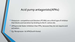 Acid pump antagonists(APAs)
• Potassium- competitive acid blockers (PCABs) are a third type of inhibitor
that blocks acid secretion by binding to the K+ active site.
• APAsprovide faster inhibition than PPIs, because they do not require acid
activation.
• Eg- Revaprazan- Ist APA(South Korea)
 