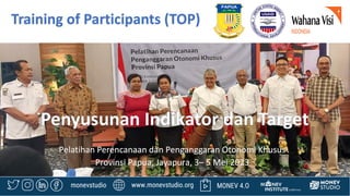 Training of Participants (TOP)
Pelatihan Perencanaan dan Penganggaran Otonomi Khusus
Provinsi Papua, Jayapura, 3– 5 Mei 2023
 