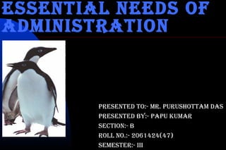 EssEntial nEEds of
administration
PrEsEntEd to:- mr. Purushottam das
PrEsEntEd By:- PaPu Kumar
sEction:- B
roll no.:- 2061424(47)
sEmEstEr:- iii
 