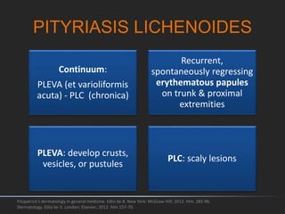 PITYRIASIS LICHENOIDES
Continuum:
PLEVA (et varioliformis
acuta) - PLC (chronica)
Recurrent,
spontaneously regressing
erythematous papules
on trunk & proximal
extremities
PLEVA: develop crusts,
vesicles, or pustules
PLC: scaly lesions
Fitzpatrick's dermatology in general medicine. Edisi ke-8. New York: McGraw-Hill; 2012. hlm. 285-96.
Dermatology. Edisi ke-3. London: Elsevier; 2012. hlm 157-70.
 