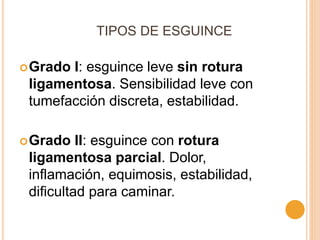 TIPOS DE ESGUINCE
Grado I: esguince leve sin rotura
ligamentosa. Sensibilidad leve con
tumefacción discreta, estabilidad.
Grado II: esguince con rotura
ligamentosa parcial. Dolor,
inflamación, equimosis, estabilidad,
dificultad para caminar.
 