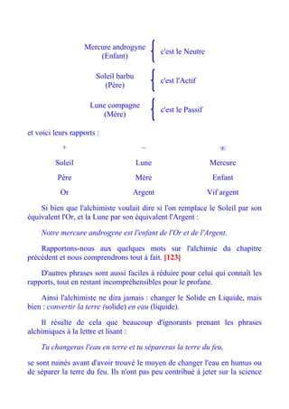 Mercure androgyne
                                             c'est le Neutre
                       (Enfant)

                       Soleil barbu
                                             c'est l'Actif
                          (Père)

                     Lune compagne
                                             c'est le Passif
                        (Mère)

et voici leurs rapports :
            +                          –                           ∞
         Soleil                       Lune                     Mercure
          Père                        Mère                      Enfant
           Or                      Argent                      Vif argent

    Si bien que l'alchimiste voulait dire si l'on remplace le Soleil par son
équivalent l'Or, et la Lune par son équivalent l'Argent :

    Notre mercure androgyne est l'enfant de l'Or et de l'Argent.

    Rapportons-nous aux quelques mots sur l'alchimie du chapitre
précédent et nous comprendrons tout à fait. [123]

    D'autres phrases sont aussi faciles à réduire pour celui qui connaît les
rapports, tout en restant incompréhensibles pour le profane.

    Ainsi l'alchimiste ne dira jamais : changer le Solide en Liquide, mais
bien : convertir la terre (solide) en eau (liquide).

    Il résulte de cela que beaucoup d'ignorants prenant les phrases
alchimiques à la lettre et lisant :

    Tu changeras l'eau en terre et tu sépareras la terre du feu,

se sont ruinés avant d'avoir trouvé le moyen de changer l'eau en humus ou
de séparer la terre du feu. Ils n'ont pas peu contribué à jeter sur la science
 