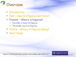 Overview Introduction Past - How Did Papyrus Get Here? Present - Where is Papyrus? The UML 2 facet of Papyrus The DSML facet of Papyrus Future - Where is Papyrus Going? Next Steps Papyrus | © 2010 by MDT Papyrus partners; made available under the EPL v1.0 