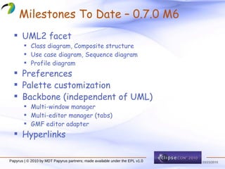 Milestones To Date – 0.7.0 M6 UML2 facet Class diagram, Composite structure Use case diagram, Sequence diagram Profile diagram Preferences Palette customization Backbone (independent of UML) Multi-window manager Multi-editor manager (tabs) GMF editor adapter Hyperlinks Papyrus | © 2010 by MDT Papyrus partners; made available under the EPL v1.0 