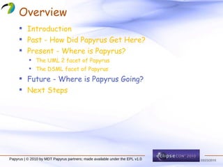 Overview Introduction Past - How Did Papyrus Get Here? Present - Where is Papyrus? The UML 2 facet of Papyrus The DSML facet of Papyrus Future - Where is Papyrus Going? Next Steps Papyrus | © 2010 by MDT Papyrus partners; made available under the EPL v1.0 