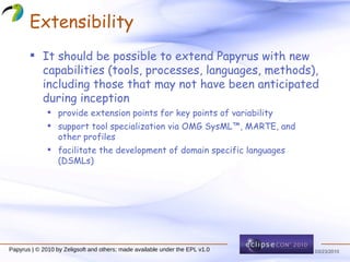 Extensibility It should be possible to extend Papyrus with new capabilities (tools, processes, languages, methods), including those that may not have been anticipated during inception provide extension points for key points of variability support tool specialization via OMG SysML™, MARTE, and other profiles facilitate the development of domain specific languages (DSMLs) 