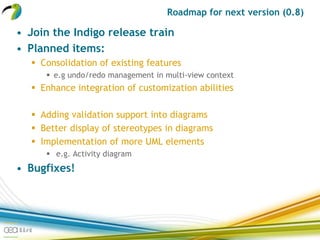 Roadmap for next version (0.8)
• Join the Indigo release train
• Planned items:
 Consolidation of existing features
 e.g undo/redo management in multi-view context
 Enhance integration of customization abilities
 Adding validation support into diagrams
 Better display of stereotypes in diagrams
 Implementation of more UML elements
 e.g. Activity diagram
• Bugfixes!
 