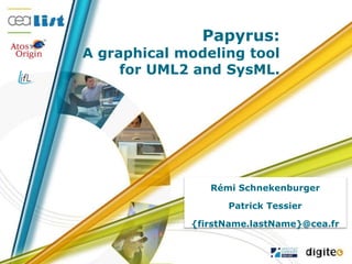 Papyrus:
A graphical modeling tool
for UML2 and SysML.
Rémi Schnekenburger
Patrick Tessier
{firstName.lastName}@cea.fr
 